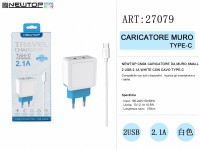 NEWTOP CM04 CARICATORE DA MURO SMALL 2 USB 2.1A WHITE CON CAVO TYPE-C