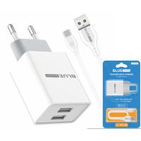 Wall Charger BLUE Power L65EU 2.4A 12W 2 X USB With Type C Cable White In Blister