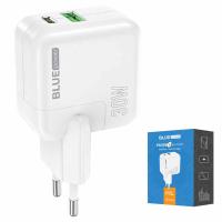 Blue Power Wall Charger 30W 3A 1 x USB-A - 1 x USB-C White BC111A