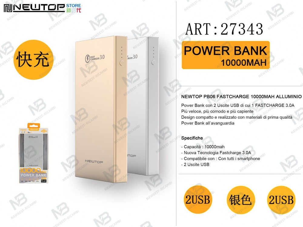 NEWTOP PB06 POWER BANK 10000MAH ALLUMINIO FASTCHARGER ARGENTO