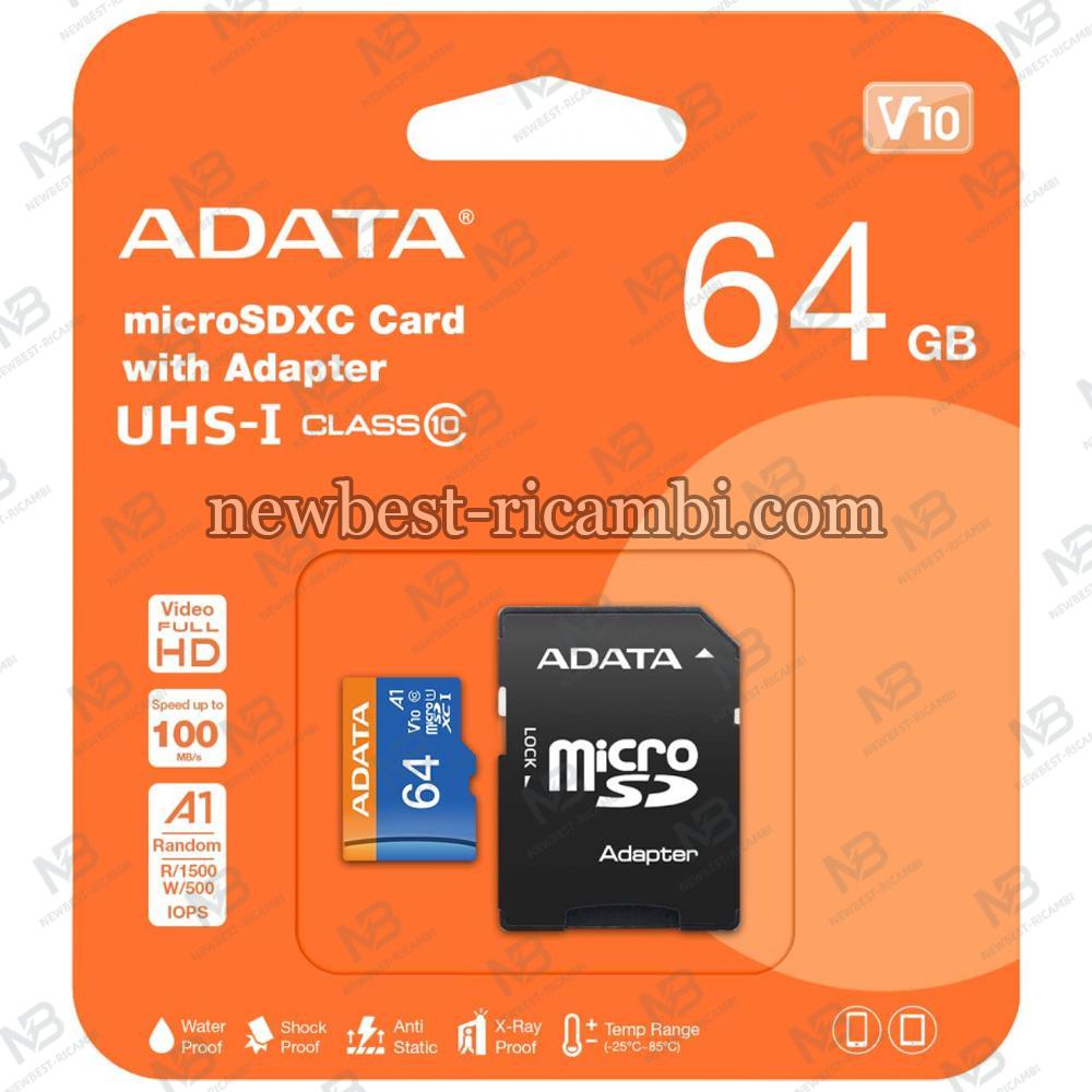 MicroSDXC Memory Card Adata with Adapter 64Gb Class 10 / UHS-1 U1 In Blister