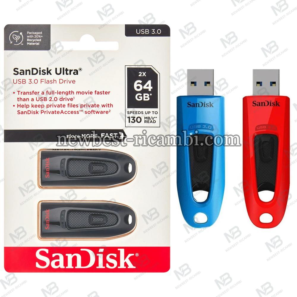 SanDisk 64GB 2-Pack Ultra USB 3.0 Flash Drive (2x64GB) In Blister