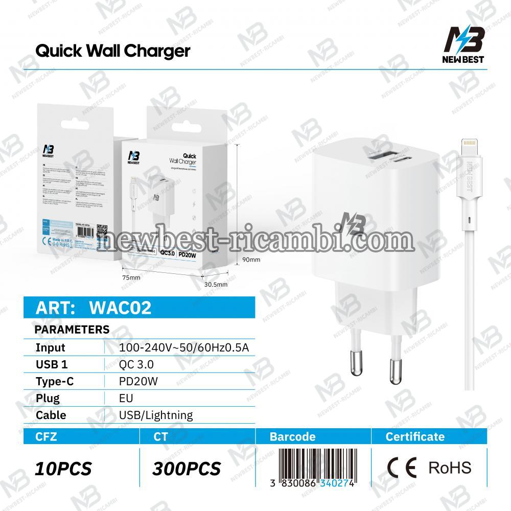 New Best  WAC02 Charger QC 3.0 + PD20W + Cable Type-C to Lightning 100CM  In Blister