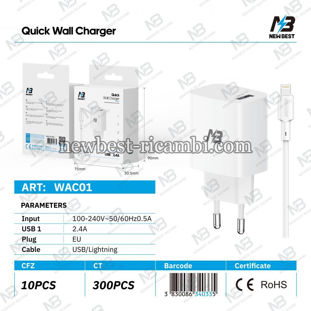 New Best  WAC04 Charger 1 UBS 2.4A + Cable USB A to Lightning 100CM In Blister