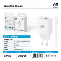 New Best  WAC02 Charger QC 3.0 + PD20W + Cable Type-C to Lightning 100CM  In Blister