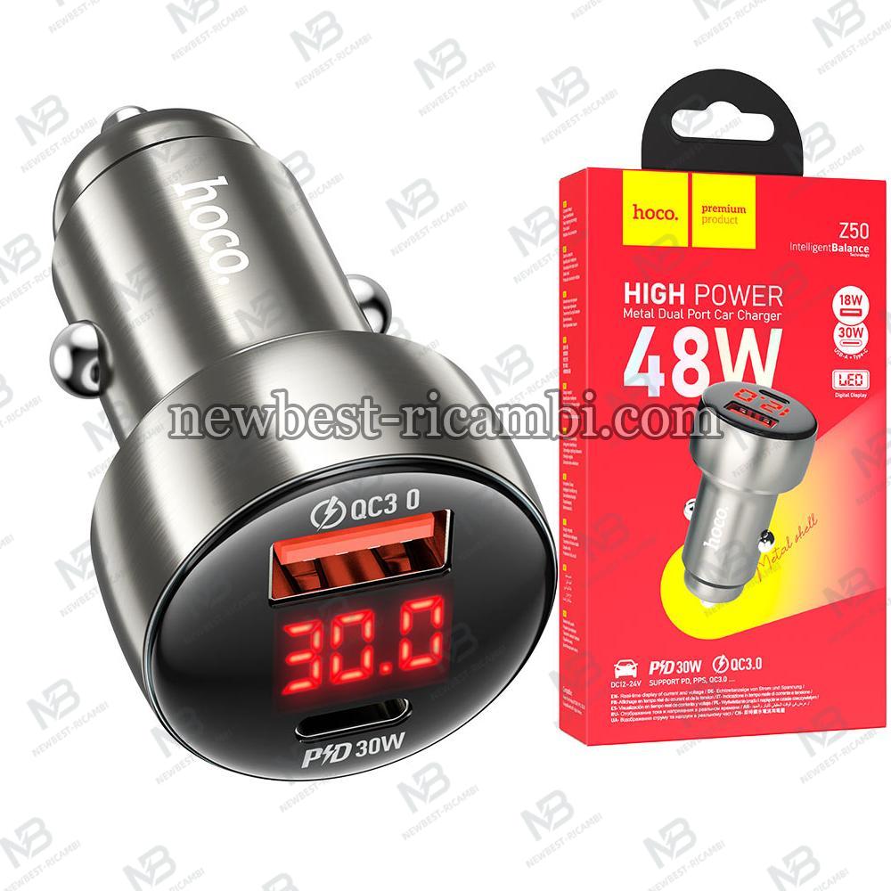 Car Charger Hoco Z50 48W 3A 1 x USB-A - 1 x USB-C Grey In Blister