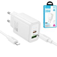 Wall Charger Hoco N61 20W 3A 1 x USB-A - 1 x USB-C with Lightning Cable White in Blister