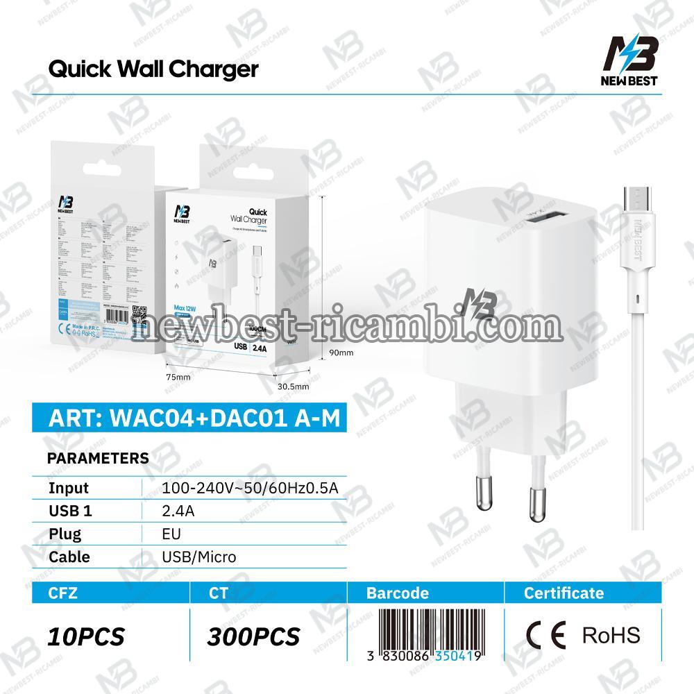 New Best  WAC04 Charger 1 USB 2.4A + Cable USB A to Micro 100CM In Blister