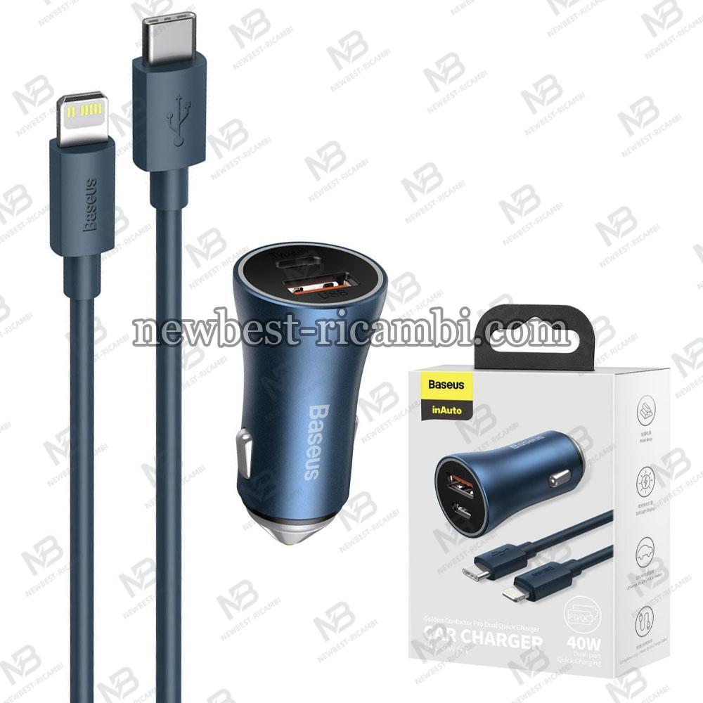 Car Charger Baseus Golden Contactor 40W 3A 1 x USB-A - 1 x USB-C with Lightning Cable Blue TZCCJD-03 in Blister