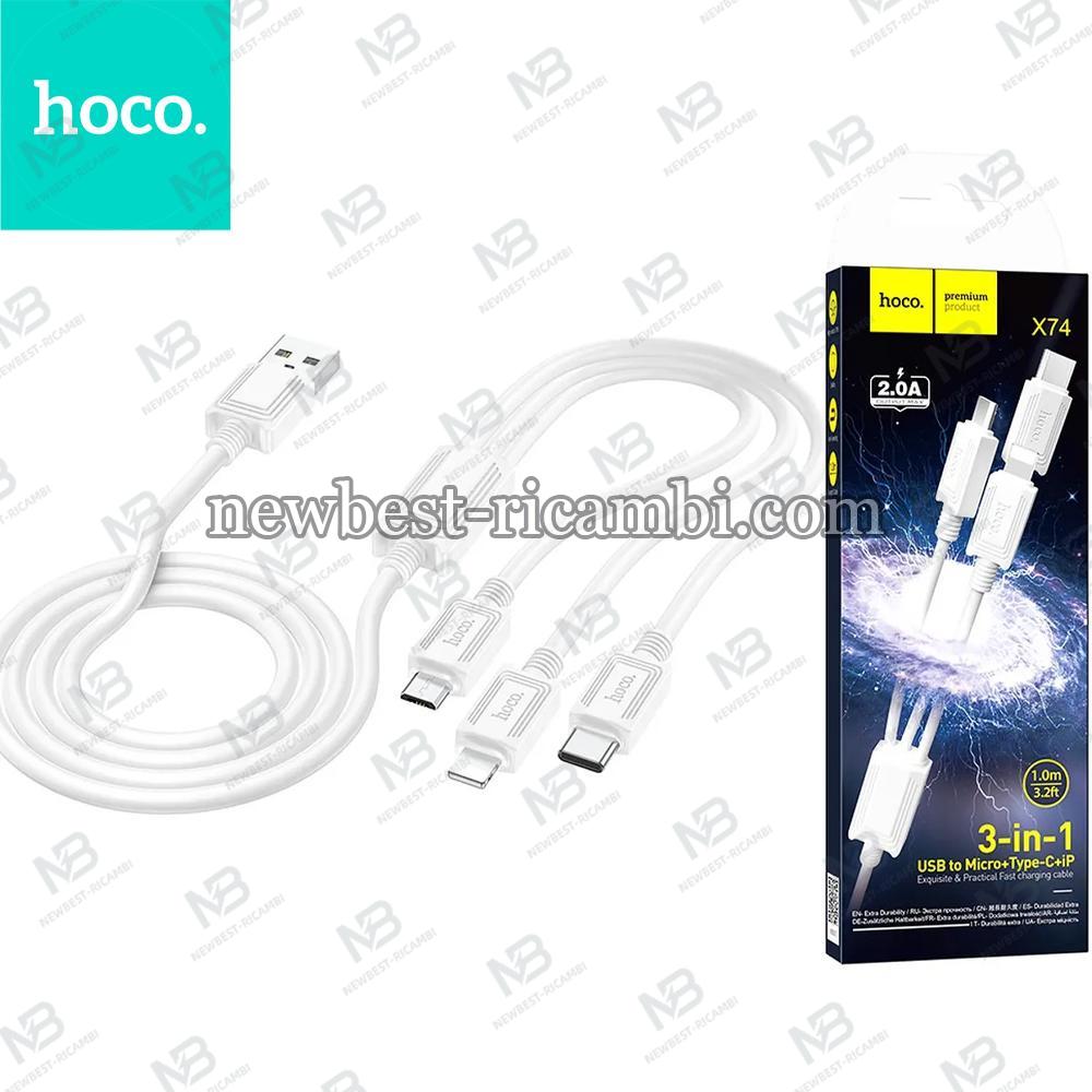 Cable 3in1 USB A to Lightning / Micro USB / USB C Hoco 2A 1M X74 White In Blister