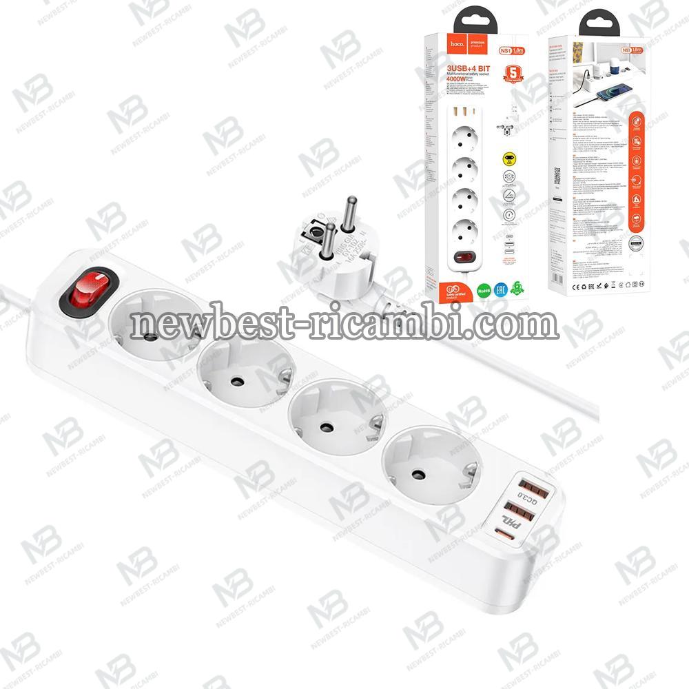 Power Strip 1,8 M Hoco 4 Sockets + 2 x USB A + USB C QC3.0 PD 3A 20W NS1 White In Blister
