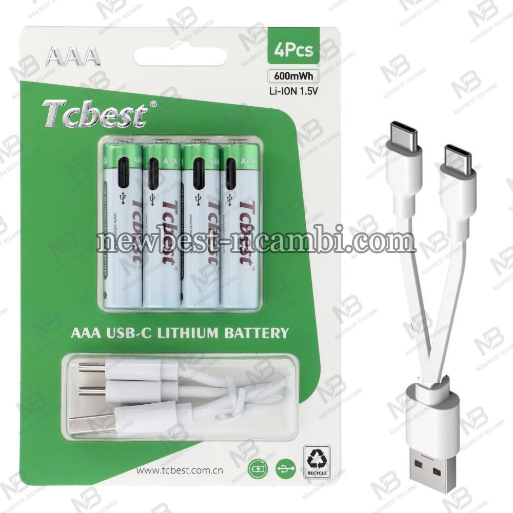 TCBEST Rechargable Battery R3 (AAA) 400 mAh With Socket Type C + Cable USB A to 4 x Type C 4 Pcs In Blister
