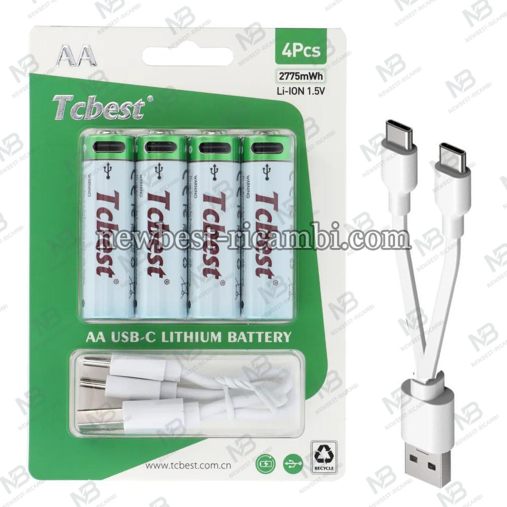 TCBEST Rechargable Battery R6 (AA) 1850 mAh With Socket Type C + Cable USB A To 4 x Type C 4 Pcs In Blister