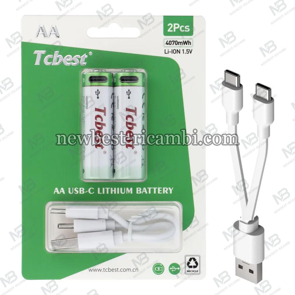 TCBEST Rechargable Battery R6 (AA) 2713 mAh With Socket Type C + Cable USB A To 2 x Type C 2 Pcs In Blister