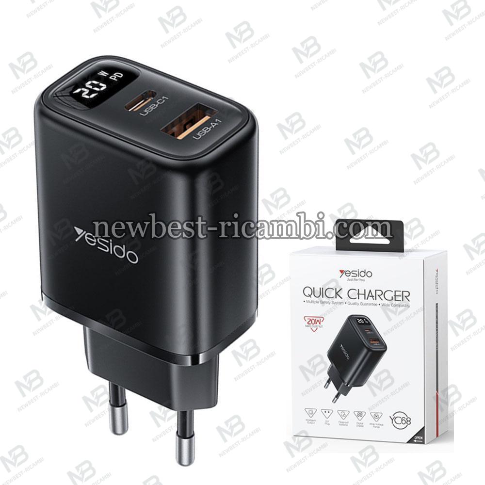 Wall Charger Yesido YC68 20W 3A 1 x USB-A - 1 x USB-C Black in Blister
