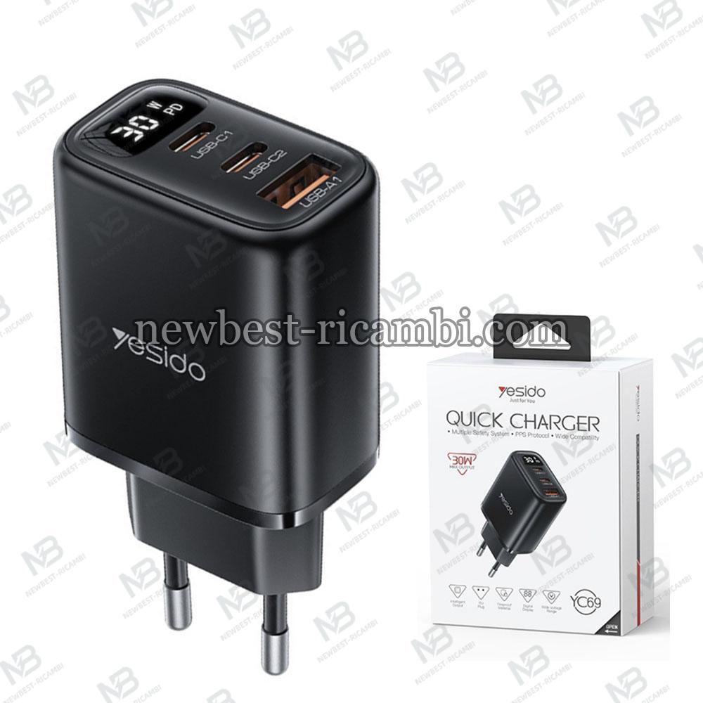 ​Wall Charger Yesido YC69 Display 30W 3A 1 x USB-A - 2 x USB-C Black in Blister