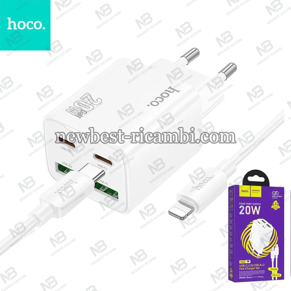 Phone charger Hoco 2 x USB C + 2 x USB A QC3.0 PD 3A 20W + cable USB C to Lightning N55 biała In Blister