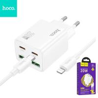 Phone charger Hoco 2 x USB C + 2 x USB A QC3.0 PD 3A 20W + cable USB C to Lightning N55 biała In Blister
