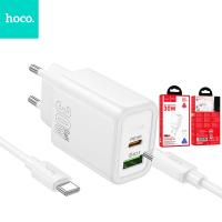 Phone charger Hoco USB A + USB C QC3.0 PD 3A 30W + cable USB C to USB C N63 white In Blister